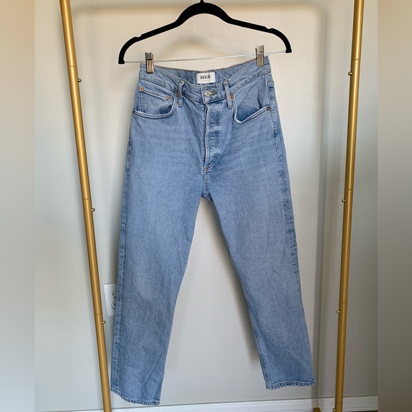Agolde Riley High Rise Straight Leg Light Wash Jeans - Picture 1 of 11